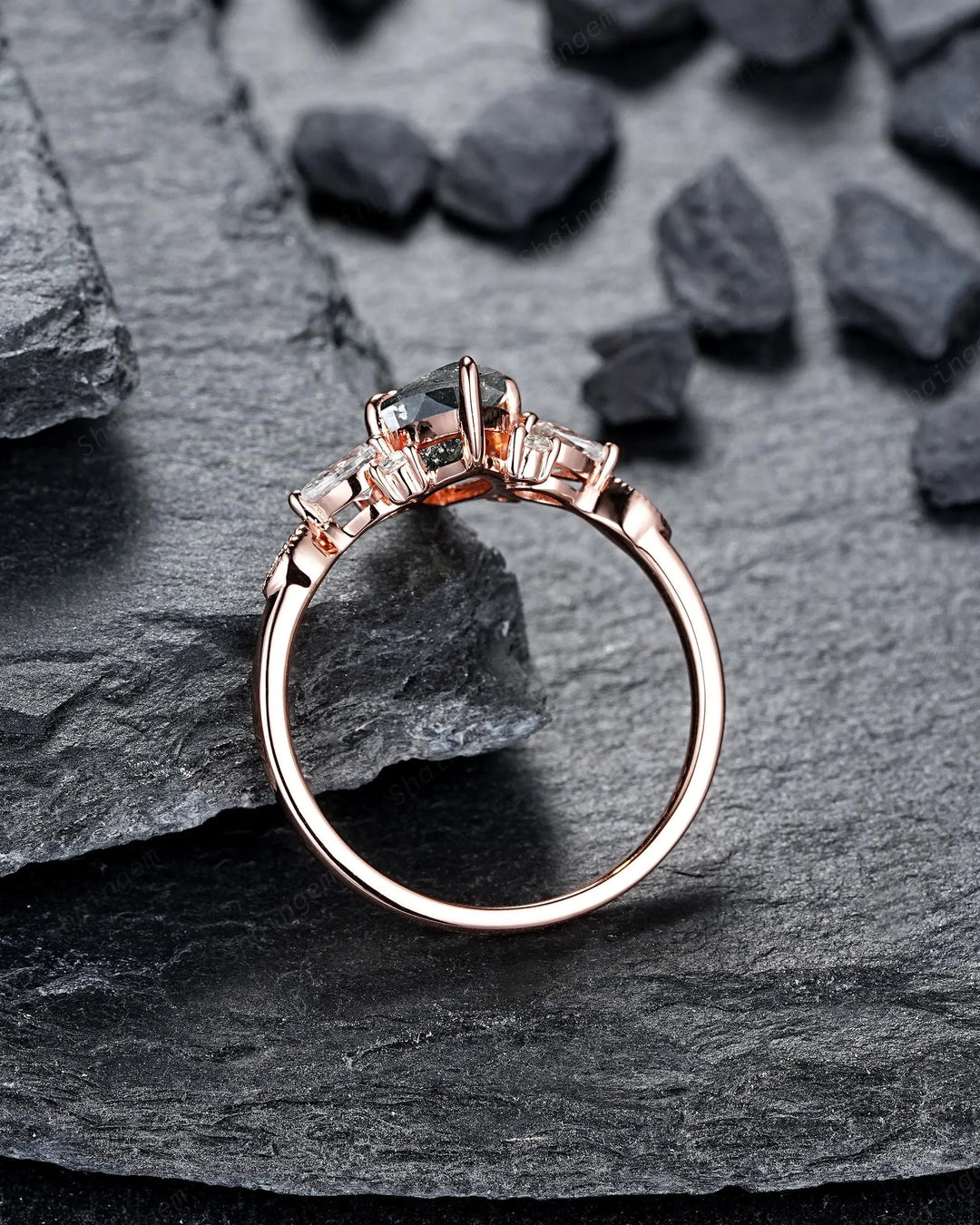 Marquise Salt and Pepper Diamond Engagement Ring, 14K 18K Rose Gold Natural Black Diamond Promise Ring, Platinum Cluster Wedding Ring - ShainJewelry