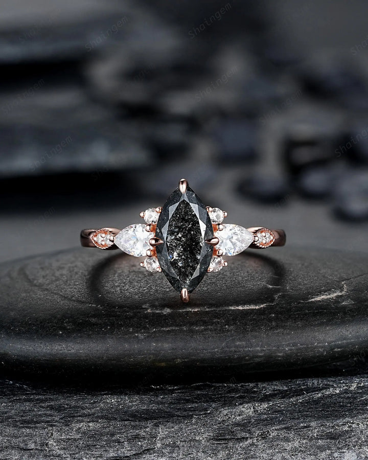 Marquise Salt and Pepper Diamond Engagement Ring, 14K 18K Rose Gold Natural Black Diamond Promise Ring, Platinum Cluster Wedding Ring - ShainJewelry