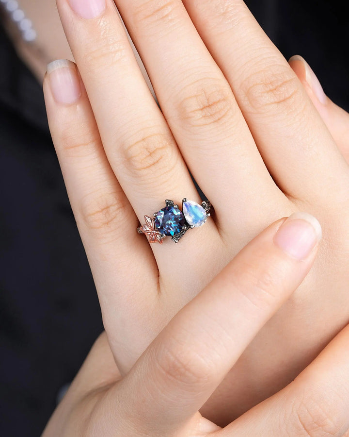 Gothic Toi Et Moi Two Tones Maple Leaf Engagement Ring: Two Stones Alexandrite and Moonstone Black Rhodium Nature Inspired Promise Wedding - ShainJewelry