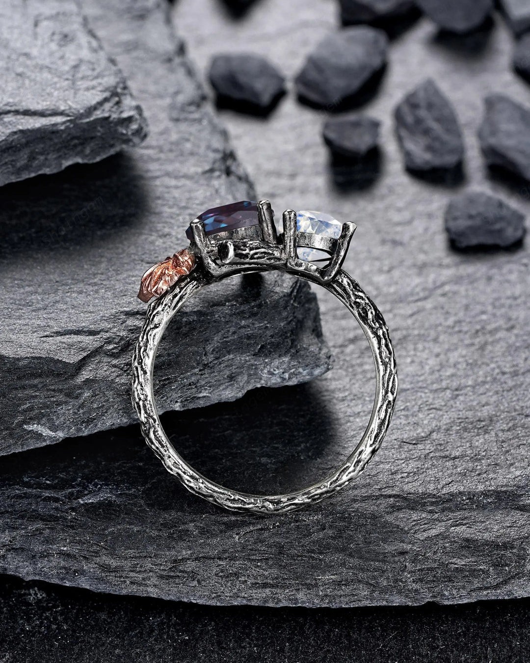 Gothic Toi Et Moi Two Tones Maple Leaf Engagement Ring: Two Stones Alexandrite and Moonstone Black Rhodium Nature Inspired Promise Wedding - ShainJewelry
