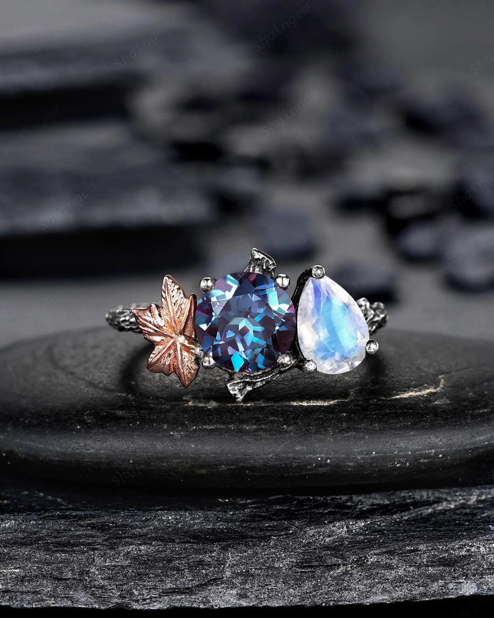 Gothic Toi Et Moi Two Tones Maple Leaf Engagement Ring: Two Stones Alexandrite and Moonstone Black Rhodium Nature Inspired Promise Wedding - ShainJewelry