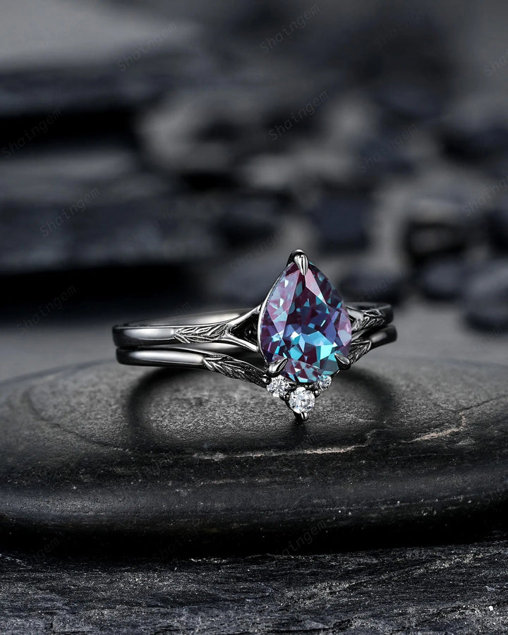 Gothic Pear Shape Alexandrite Leaf Engagement Ring Set, Black Rhodium Promise Ring Punk Black Gold V Shape Curved Solitaire Wedding Ring - ShainJewelry
