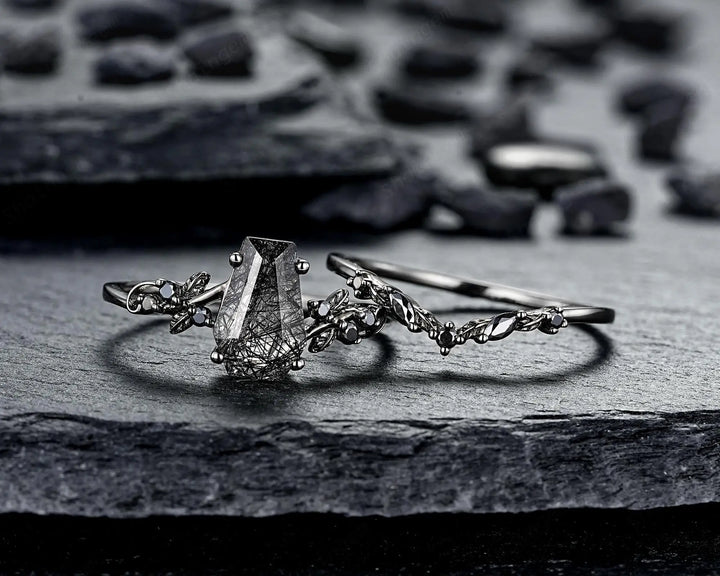 Gothic Black Gold Coffin Black Rutilated Quartz Engagement Ring: Black Twig Branch Promise Ring, Black Rhodium Leaf Wedding Ring, Till Death - ShainJewelry