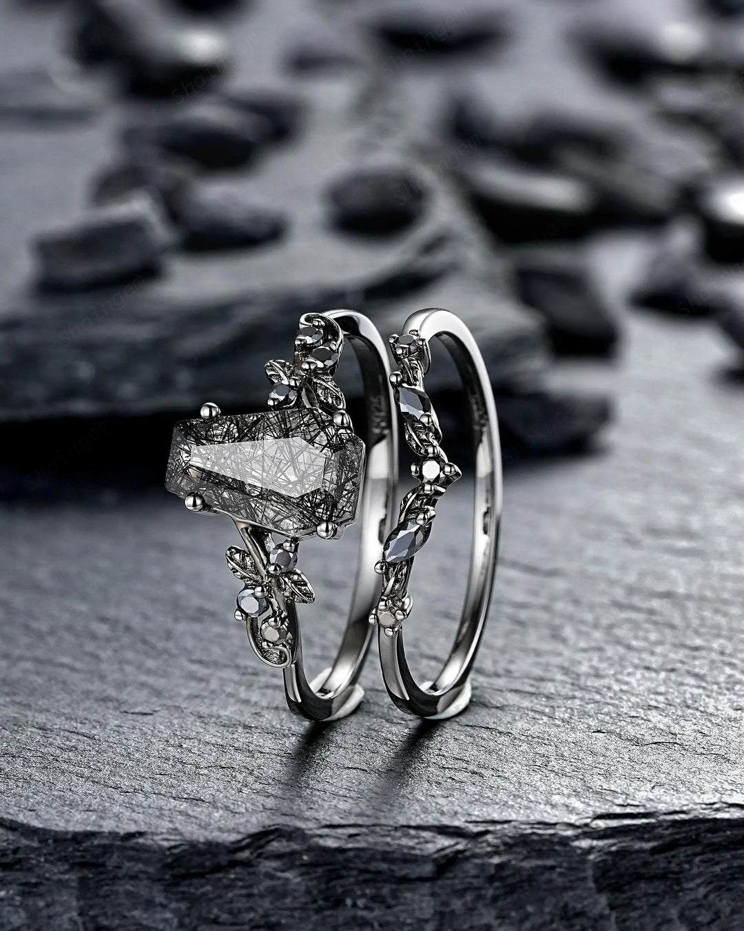 Gothic Black Gold Coffin Black Rutilated Quartz Engagement Ring: Black Twig Branch Promise Ring, Black Rhodium Leaf Wedding Ring, Till Death - ShainJewelry