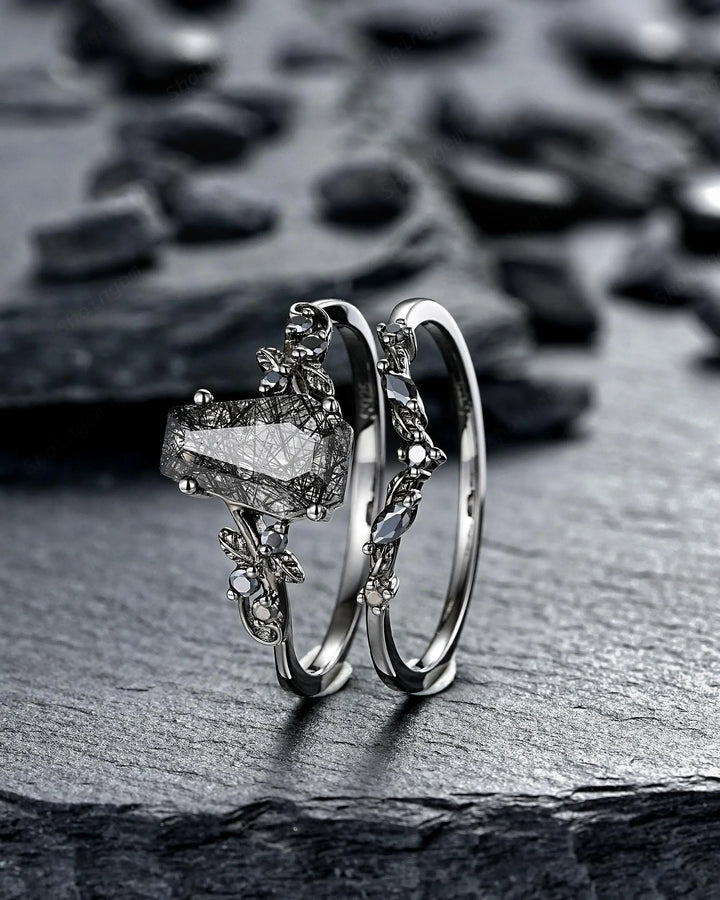 Gothic Black Gold Coffin Black Rutilated Quartz Engagement Ring: Black Twig Branch Promise Ring, Black Rhodium Leaf Wedding Ring, Till Death - ShainJewelry