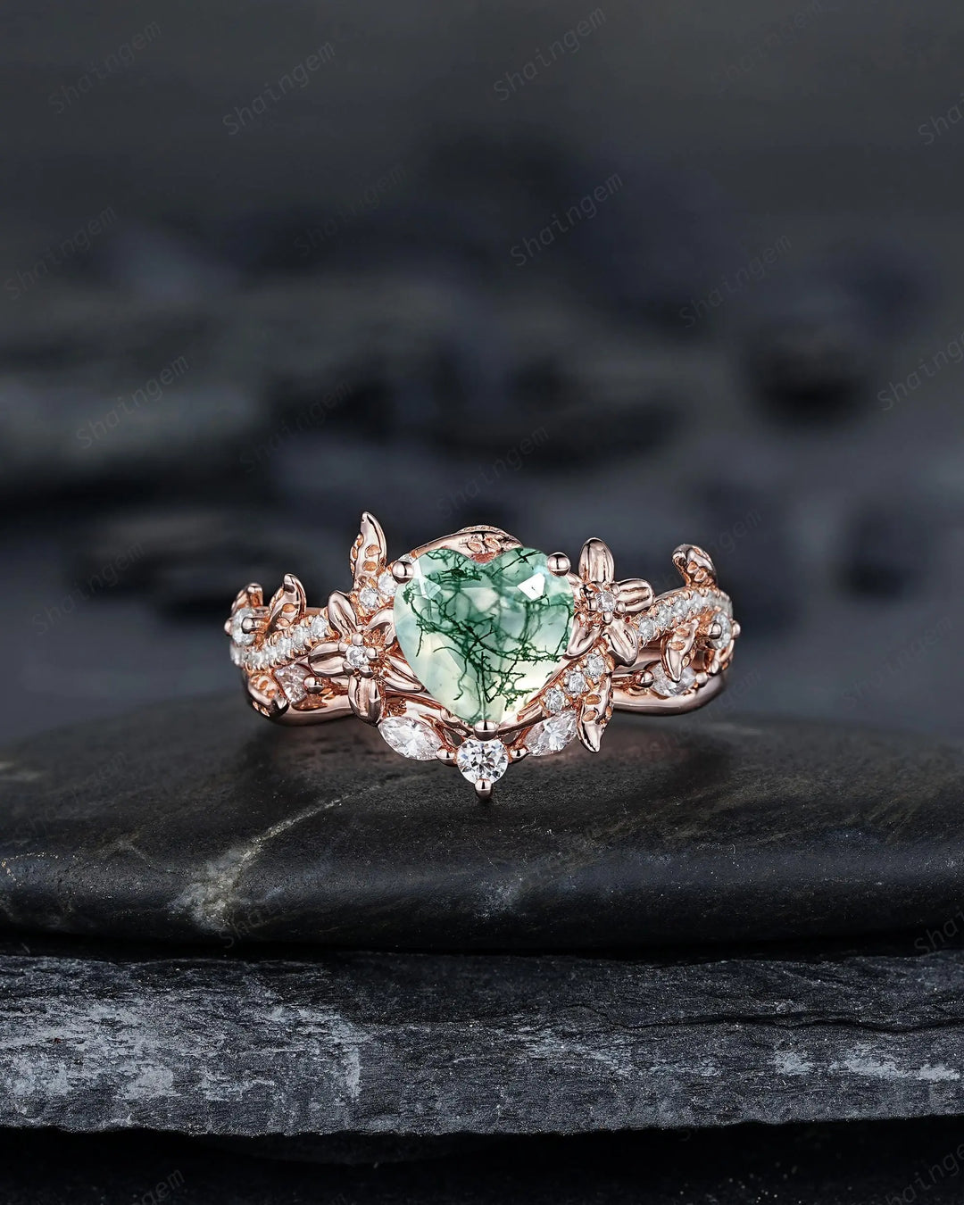 Heart Shape Moss Agate Floral Engagement Rings: Rose Gold Vine Leaf Wedding Set, Nature Inspired Love Promise Ring, 24K Gold Plated Silver - ShainJewelry