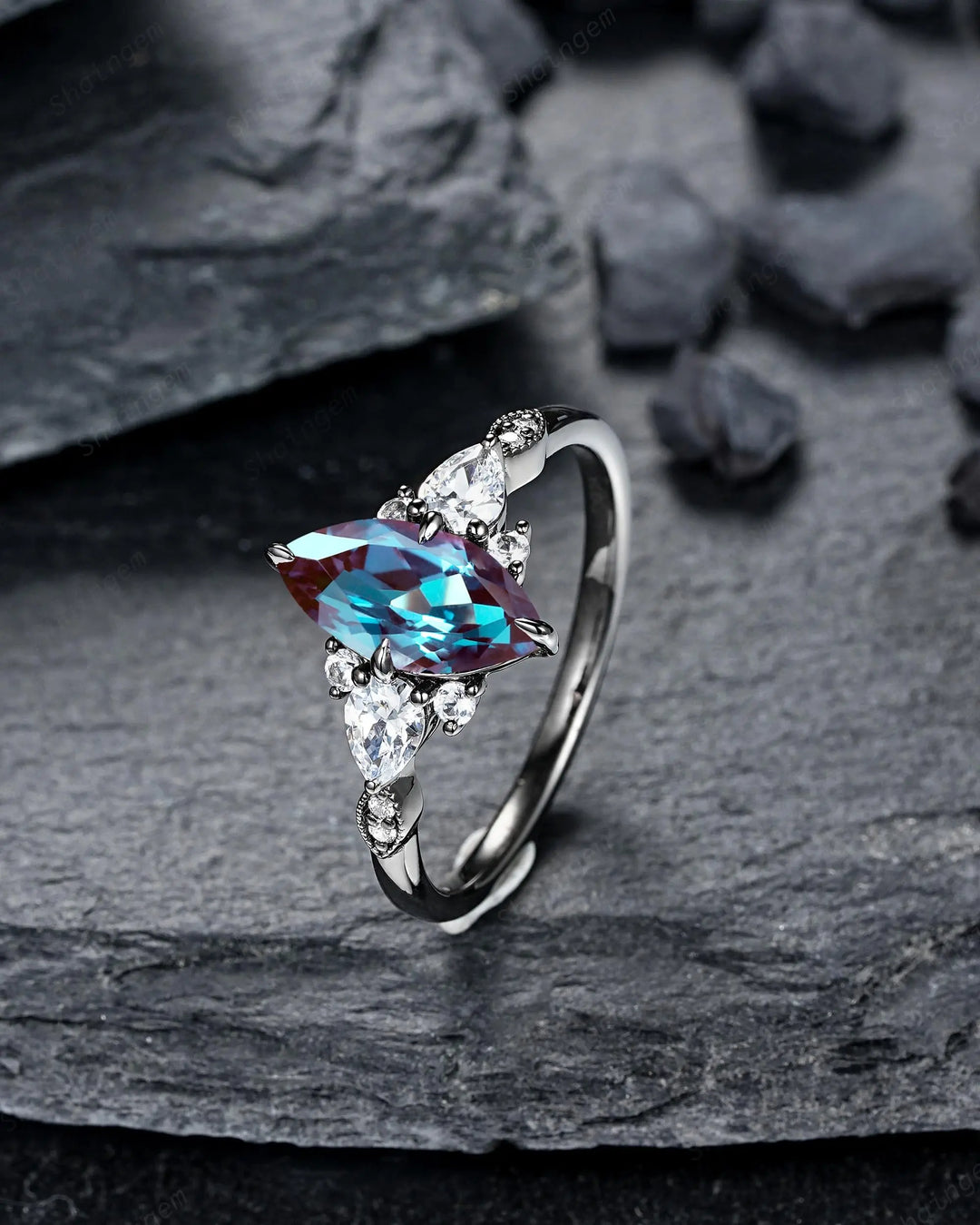 Gothic Marquise Cut Alexandrite Engagement Ring, Rhodium Black Cluster Promise Ring, Black Gold Promise Anniversary Gift, Dark Witchy Ring - ShainJewelry