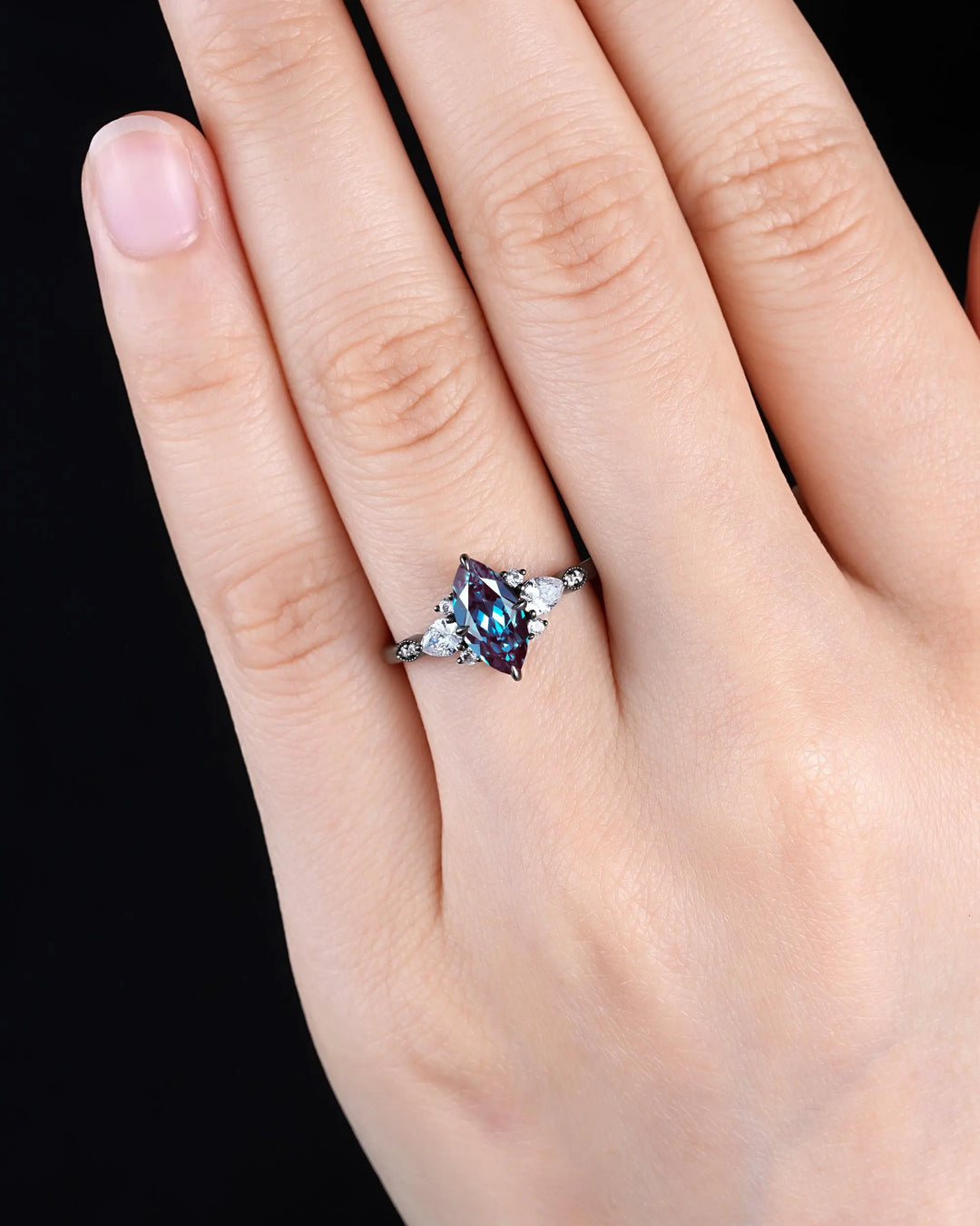 Gothic Marquise Cut Alexandrite Engagement Ring, Rhodium Black Cluster Promise Ring, Black Gold Promise Anniversary Gift, Dark Witchy Ring - ShainJewelry