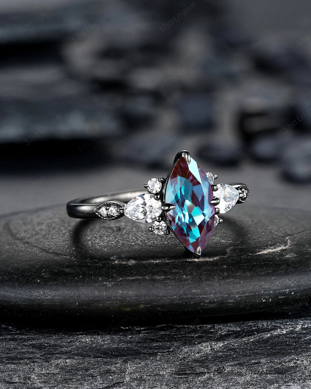 Gothic Marquise Cut Alexandrite Engagement Ring, Rhodium Black Cluster Promise Ring, Black Gold Promise Anniversary Gift, Dark Witchy Ring - ShainJewelry