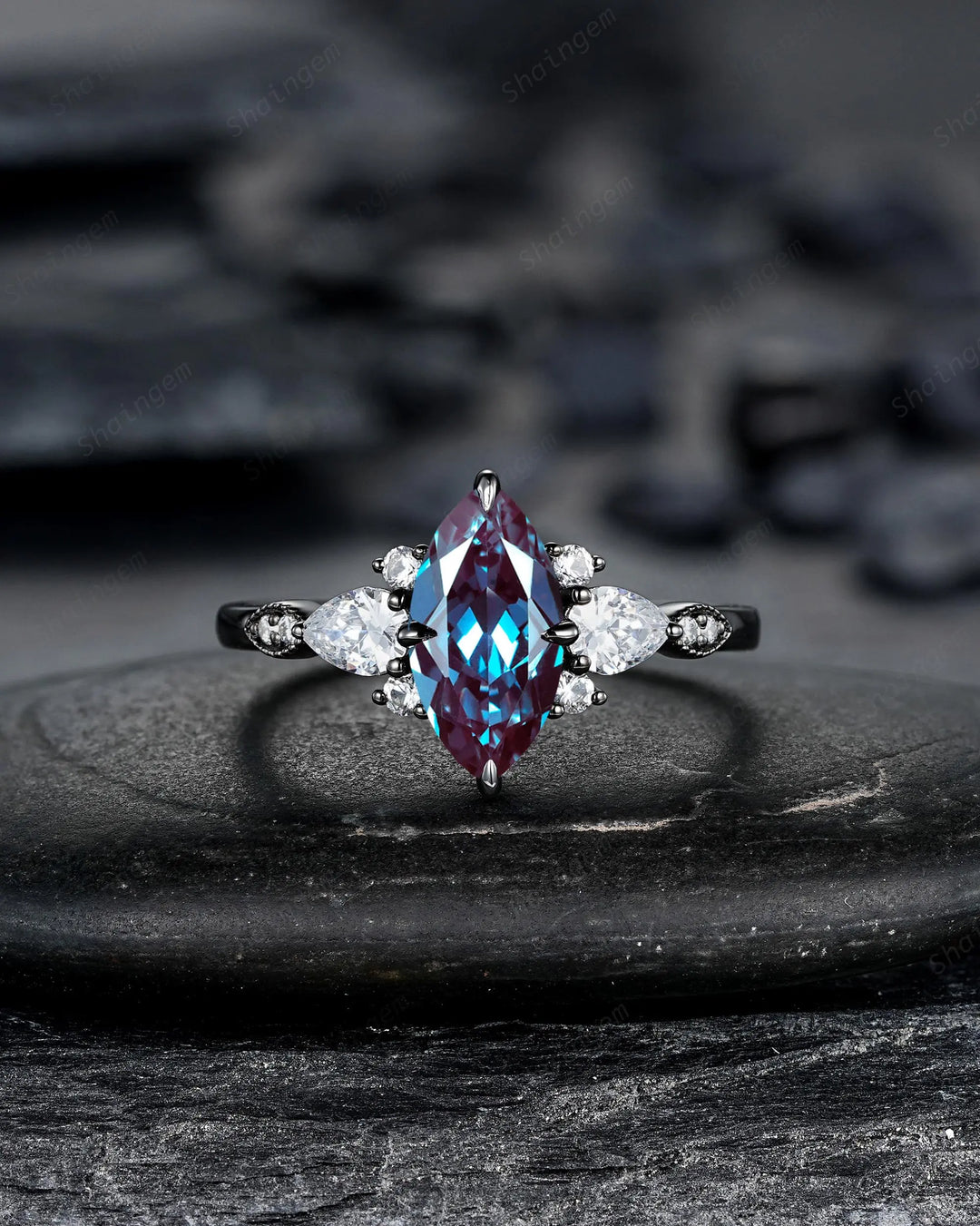 Gothic Marquise Cut Alexandrite Engagement Ring, Rhodium Black Cluster Promise Ring, Black Gold Promise Anniversary Gift, Dark Witchy Ring - ShainJewelry