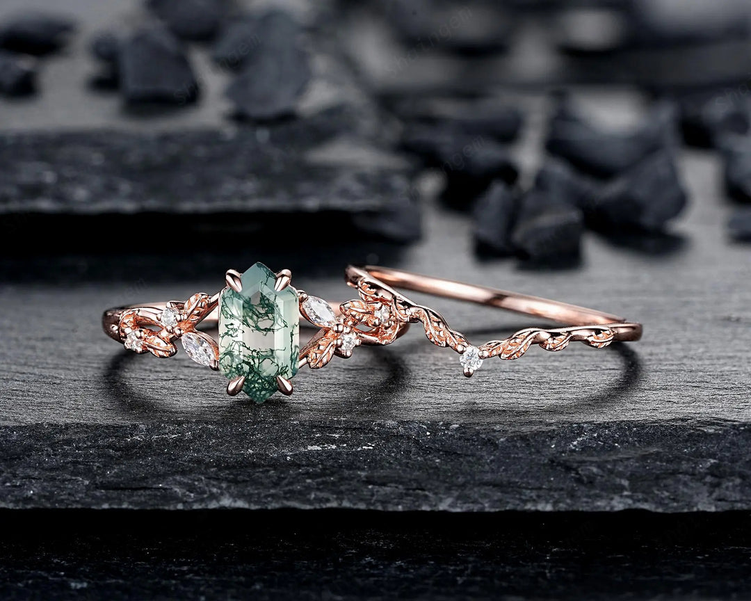 Long Hexagon Moss Agate Engagement Ring Set: Platinum Mossy Agate and Diamond Ring, Rose Gold Leaf Wedding Set, Spilt Shank Promise Rings - ShainJewelry
