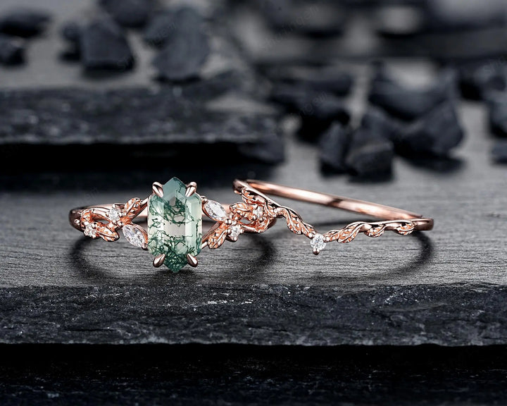 Long Hexagon Moss Agate Engagement Ring Set: Platinum Mossy Agate and Diamond Ring, Rose Gold Leaf Wedding Set, Spilt Shank Promise Rings - ShainJewelry