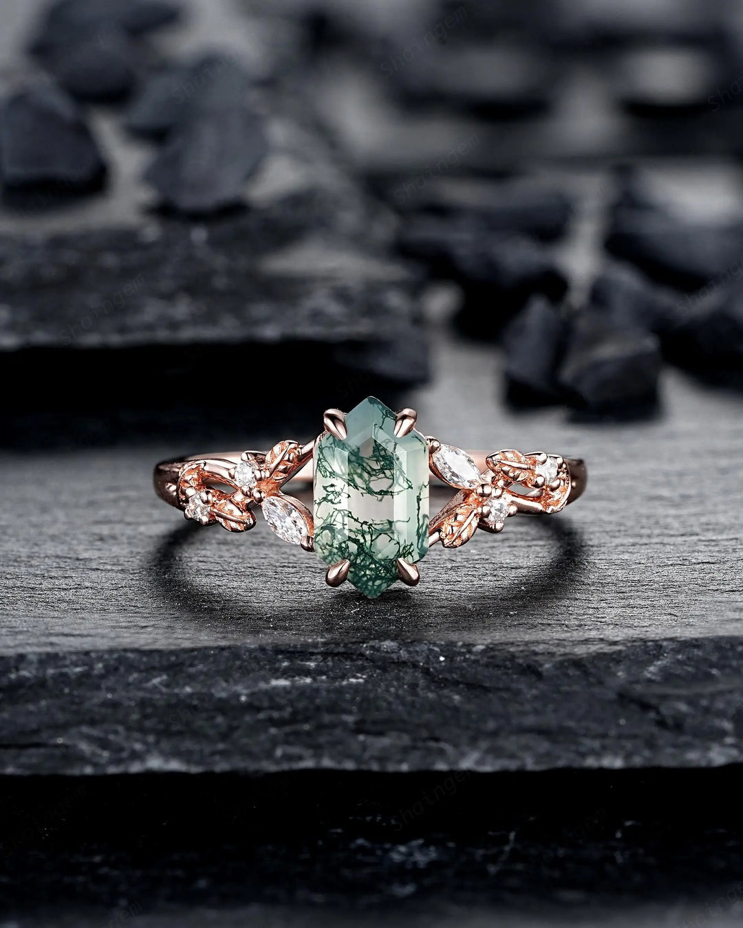 Long Hexagon Moss Agate Engagement Ring Set: Platinum Mossy Agate and Diamond Ring, Rose Gold Leaf Wedding Set, Spilt Shank Promise Rings - ShainJewelry