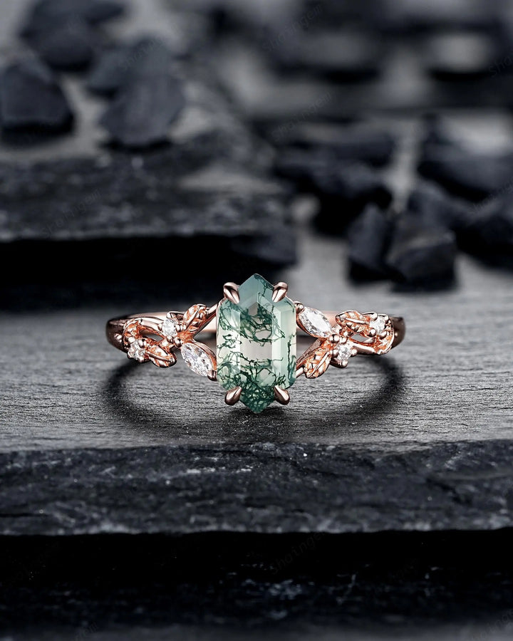 Long Hexagon Moss Agate Engagement Ring Set: Platinum Mossy Agate and Diamond Ring, Rose Gold Leaf Wedding Set, Spilt Shank Promise Rings - ShainJewelry