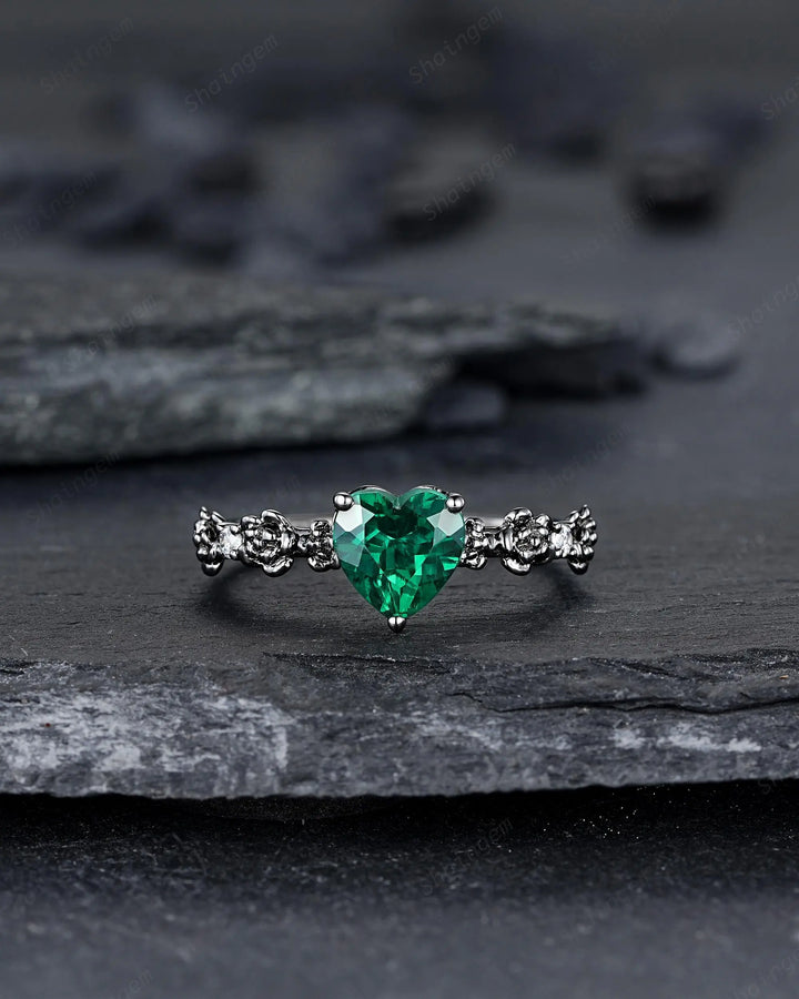 Gothic Black Gold Heart Shape Emerald Engagement Ring, Rhodium Black Love Promise Ring, Witchy Rose Flower Promise Anniversary Ring Gift - ShainJewelry