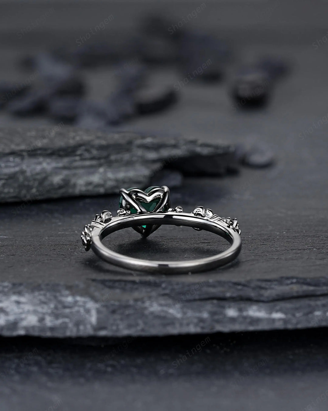 Gothic Black Gold Heart Shape Emerald Engagement Ring, Rhodium Black Love Promise Ring, Witchy Rose Flower Promise Anniversary Ring Gift - ShainJewelry