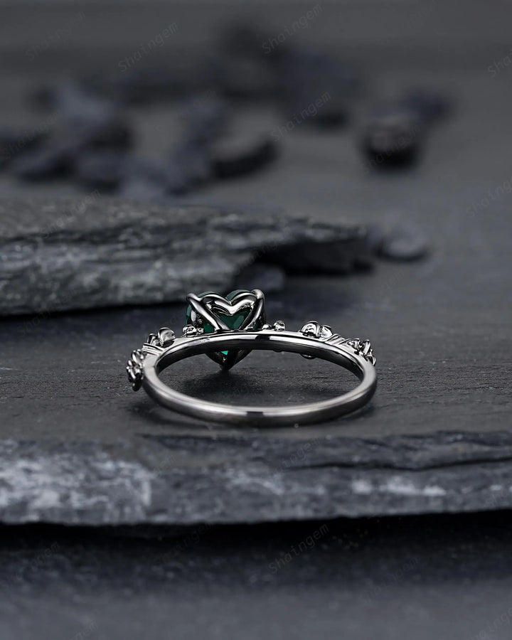 Gothic Black Gold Heart Shape Emerald Engagement Ring, Rhodium Black Love Promise Ring, Witchy Rose Flower Promise Anniversary Ring Gift - ShainJewelry