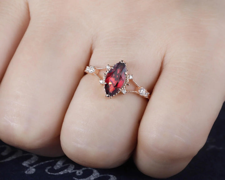 Platinum Marquise Cut Garnet Engagement Ring, January Birthstone Promise Ring, 14K 18K White Gold/Silver Milgrain Wedding Gift, Spilt Shank - ShainJewelry