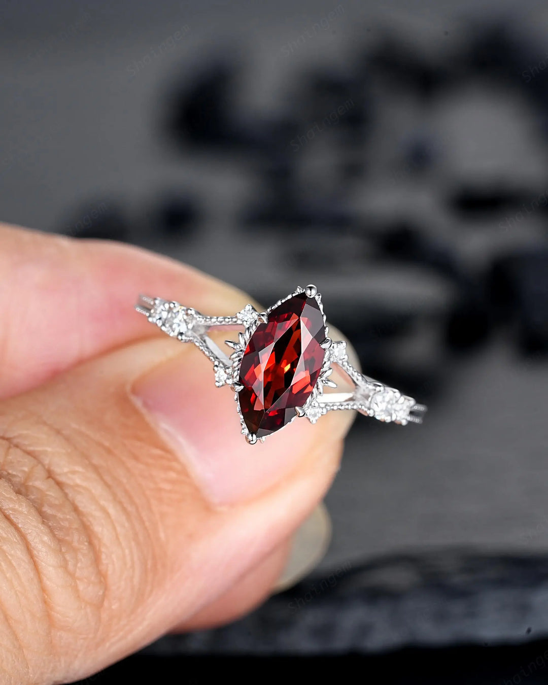 Platinum Marquise Cut Garnet Engagement Ring, January Birthstone Promise Ring, 14K 18K White Gold/Silver Milgrain Wedding Gift, Spilt Shank - ShainJewelry