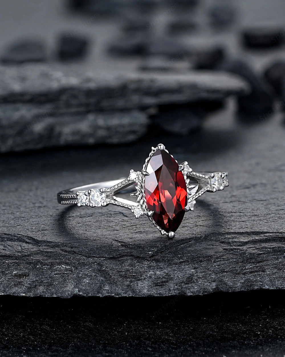 Platinum Marquise Cut Garnet Engagement Ring, January Birthstone Promise Ring, 14K 18K White Gold/Silver Milgrain Wedding Gift, Spilt Shank - ShainJewelry