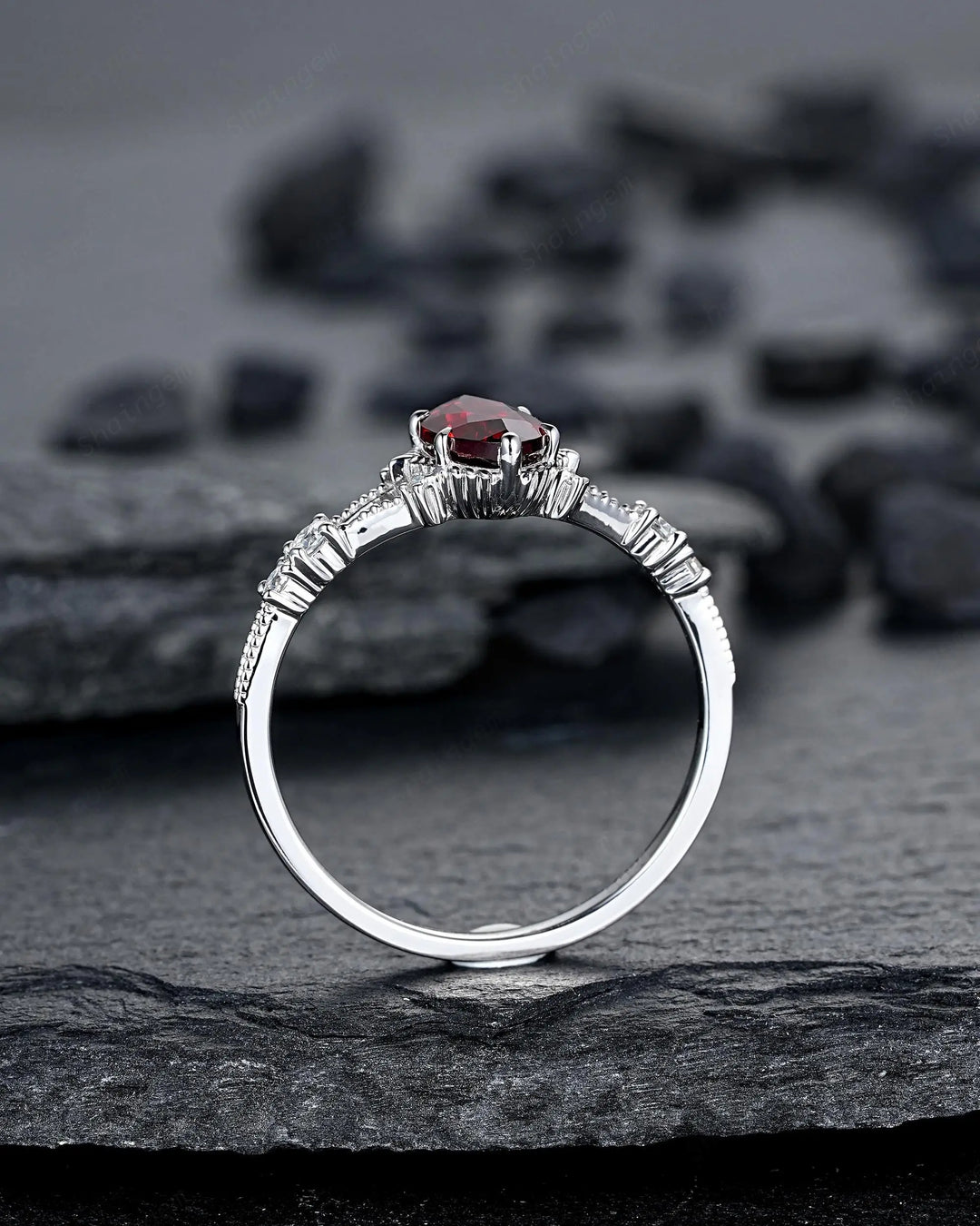 Platinum Marquise Cut Garnet Engagement Ring, January Birthstone Promise Ring, 14K 18K White Gold/Silver Milgrain Wedding Gift, Spilt Shank - ShainJewelry