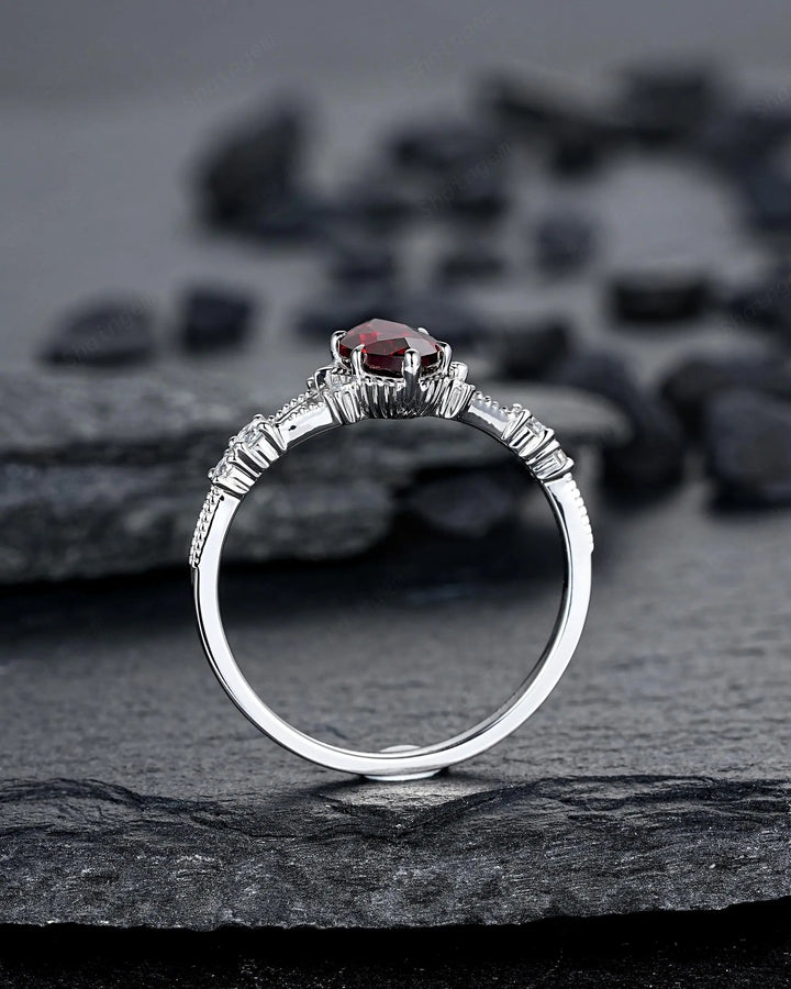 Platinum Marquise Cut Garnet Engagement Ring, January Birthstone Promise Ring, 14K 18K White Gold/Silver Milgrain Wedding Gift, Spilt Shank - ShainJewelry