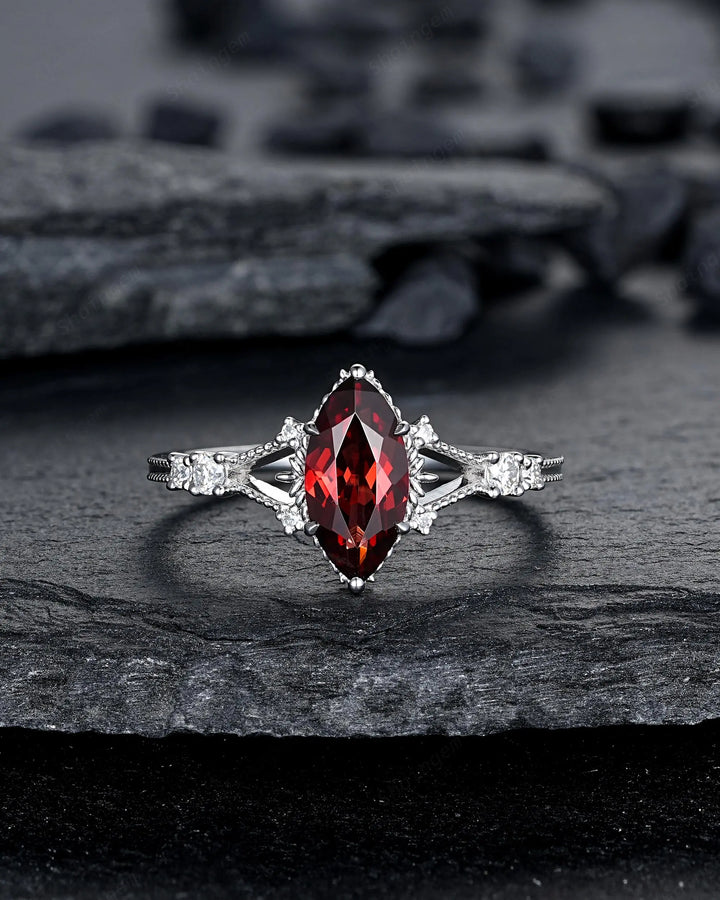 Platinum Marquise Cut Garnet Engagement Ring, January Birthstone Promise Ring, 14K 18K White Gold/Silver Milgrain Wedding Gift, Spilt Shank - ShainJewelry