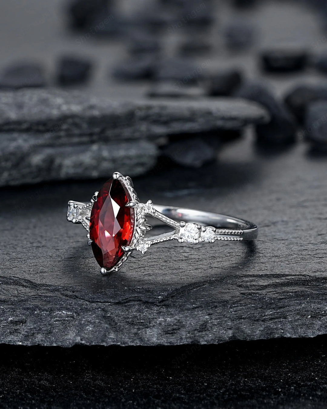 Platinum Marquise Cut Garnet Engagement Ring, January Birthstone Promise Ring, 14K 18K White Gold/Silver Milgrain Wedding Gift, Spilt Shank - ShainJewelry