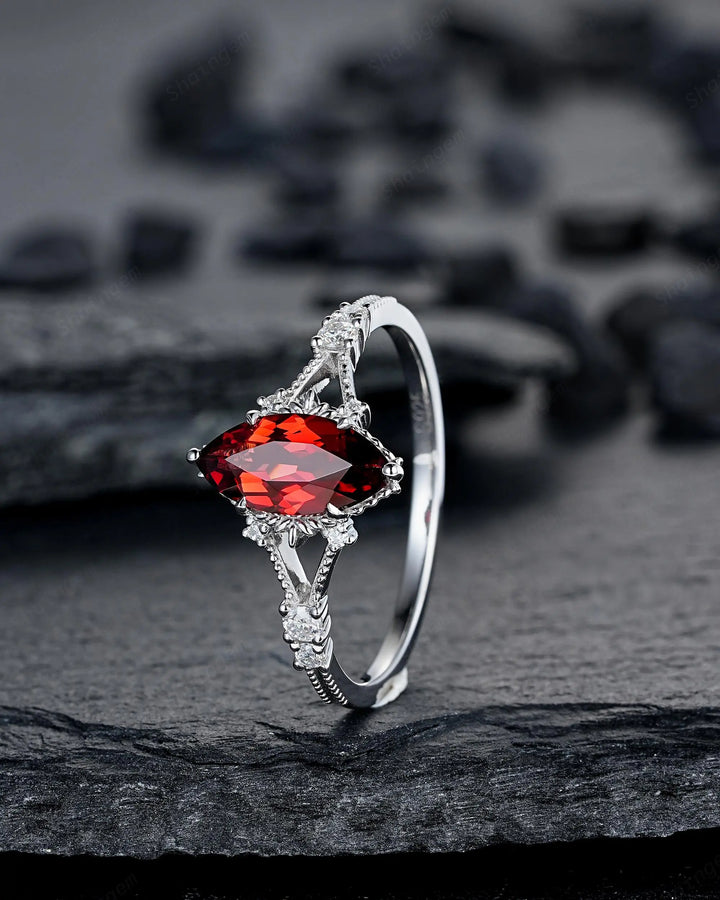 Platinum Marquise Cut Garnet Engagement Ring, January Birthstone Promise Ring, 14K 18K White Gold/Silver Milgrain Wedding Gift, Spilt Shank - ShainJewelry
