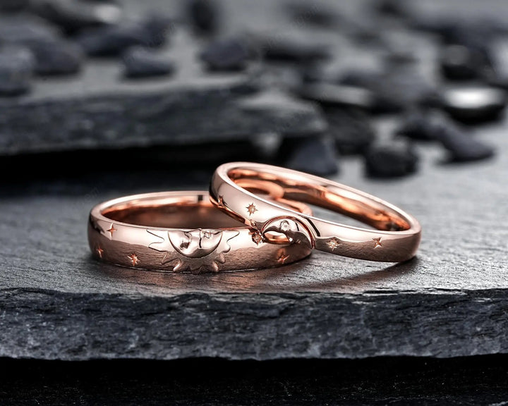 His and Hers Sun and Moon Couple Engagement Ring Set: Rose Gold Crescent Star Promise, Wedding Band for Man & Woman, Nature Inspired Silver - ShainJewelry