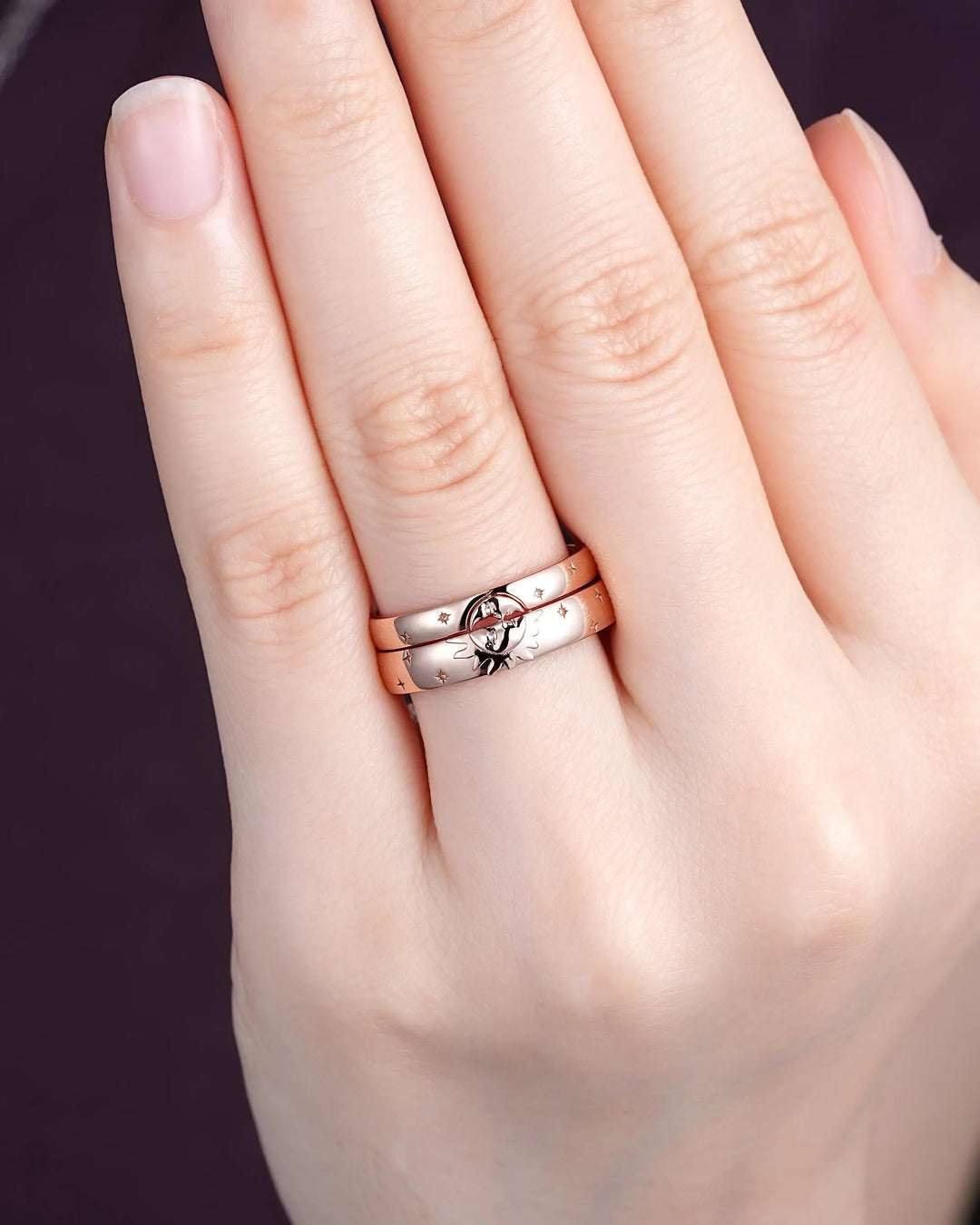 His and Hers Sun and Moon Couple Engagement Ring Set: Rose Gold Crescent Star Promise, Wedding Band for Man & Woman, Nature Inspired Silver - ShainJewelry