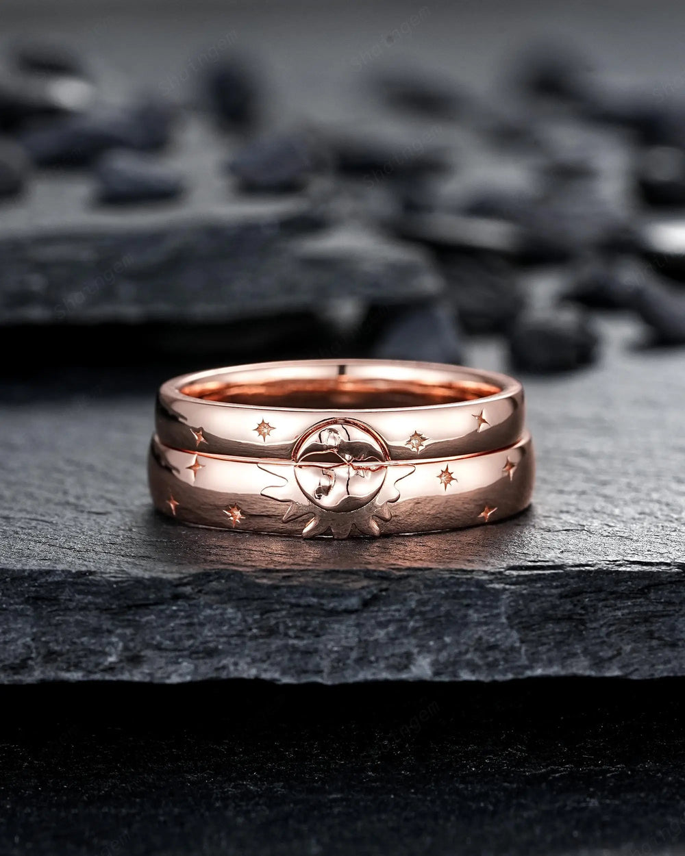 His and Hers Sun and Moon Couple Engagement Ring Set: Rose Gold Crescent Star Promise, Wedding Band for Man & Woman, Nature Inspired Silver - ShainJewelry