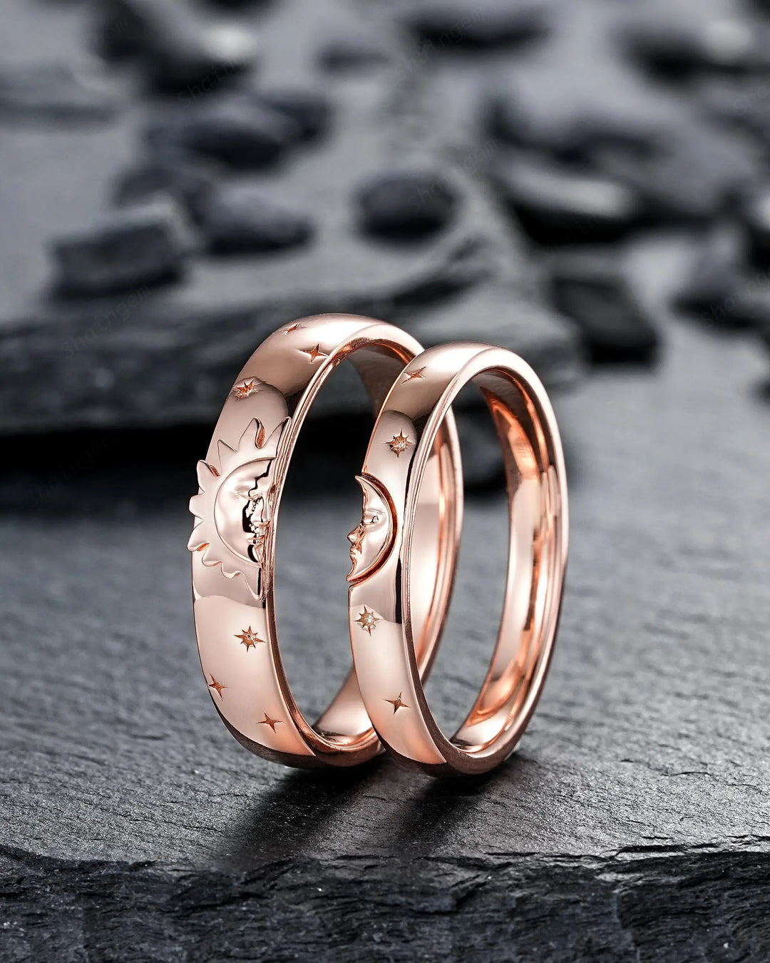 His and Hers Sun and Moon Couple Engagement Ring Set: Rose Gold Crescent Star Promise, Wedding Band for Man & Woman, Nature Inspired Silver - ShainJewelry