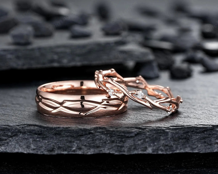 His and Hers Diamond Couple Set, 14K 18K Rose Gold Matching Band, Silver Promise Ring, Men and Women Engraved Twig Branch Engagement Bands - ShainJewelry