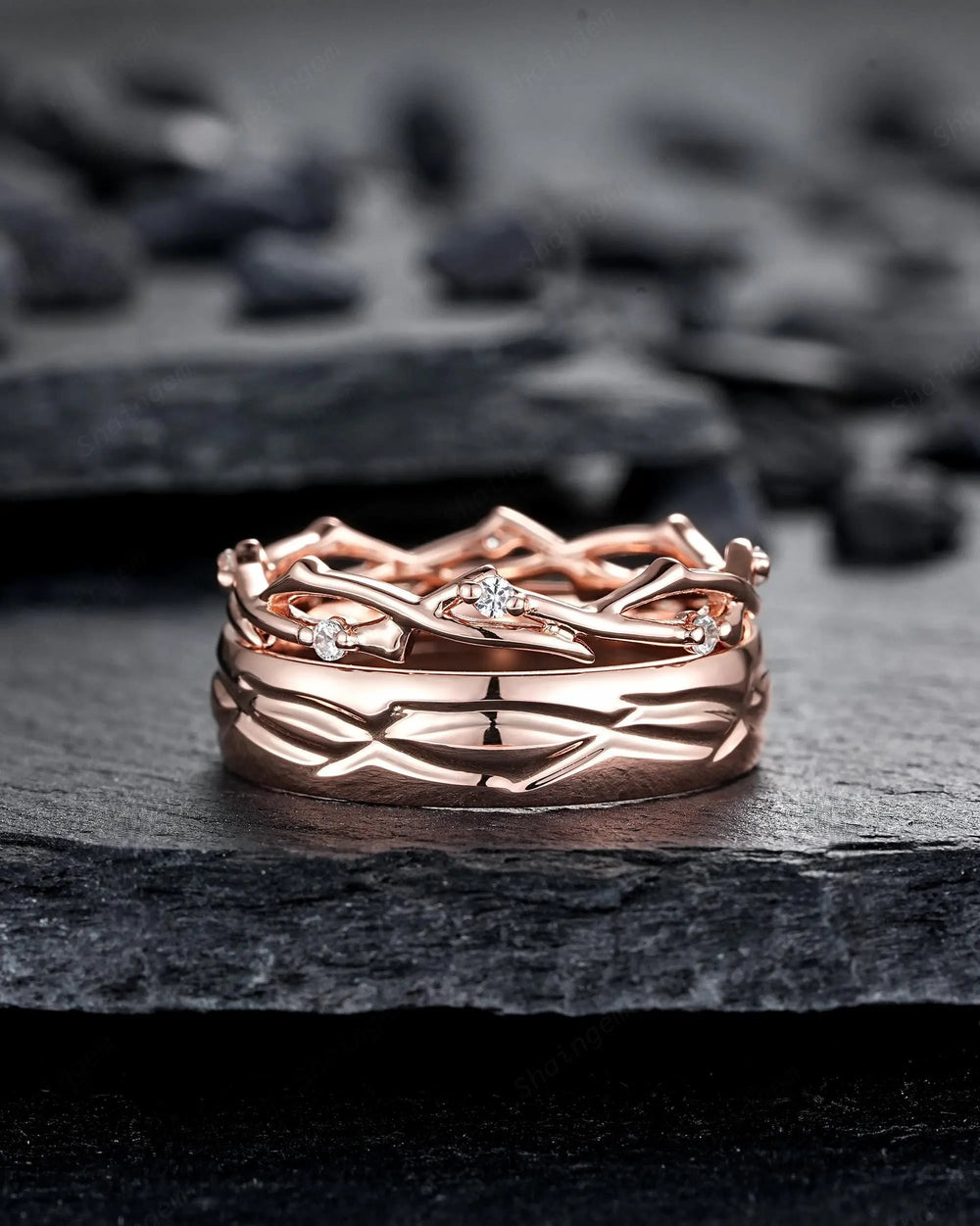 His and Hers Diamond Couple Set, 14K 18K Rose Gold Matching Band, Silver Promise Ring, Men and Women Engraved Twig Branch Engagement Bands - ShainJewelry
