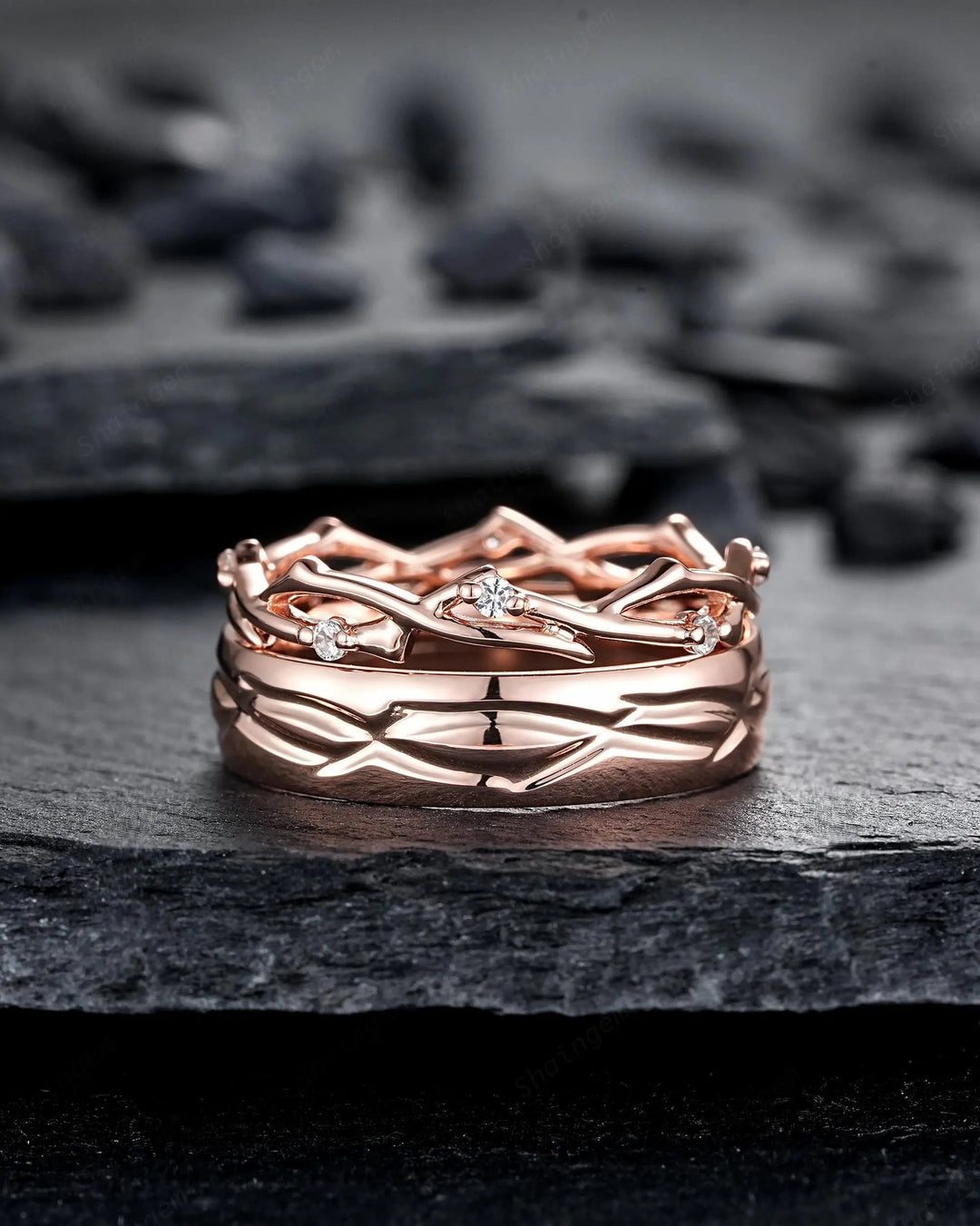 His and Hers Diamond Couple Set, 14K 18K Rose Gold Matching Band, Silver Promise Ring, Men and Women Engraved Twig Branch Engagement Bands - ShainJewelry