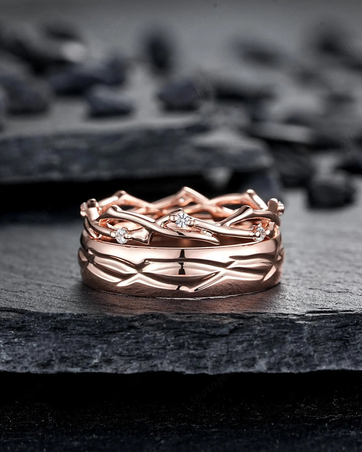 His and Hers Diamond Couple Set, 14K 18K Rose Gold Matching Band, Silver Promise Ring, Men and Women Engraved Twig Branch Engagement Bands - ShainJewelry
