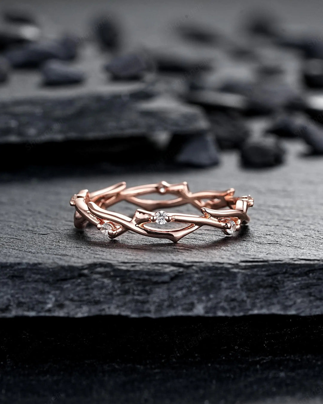 His and Hers Diamond Couple Set, 14K 18K Rose Gold Matching Band, Silver Promise Ring, Men and Women Engraved Twig Branch Engagement Bands - ShainJewelry