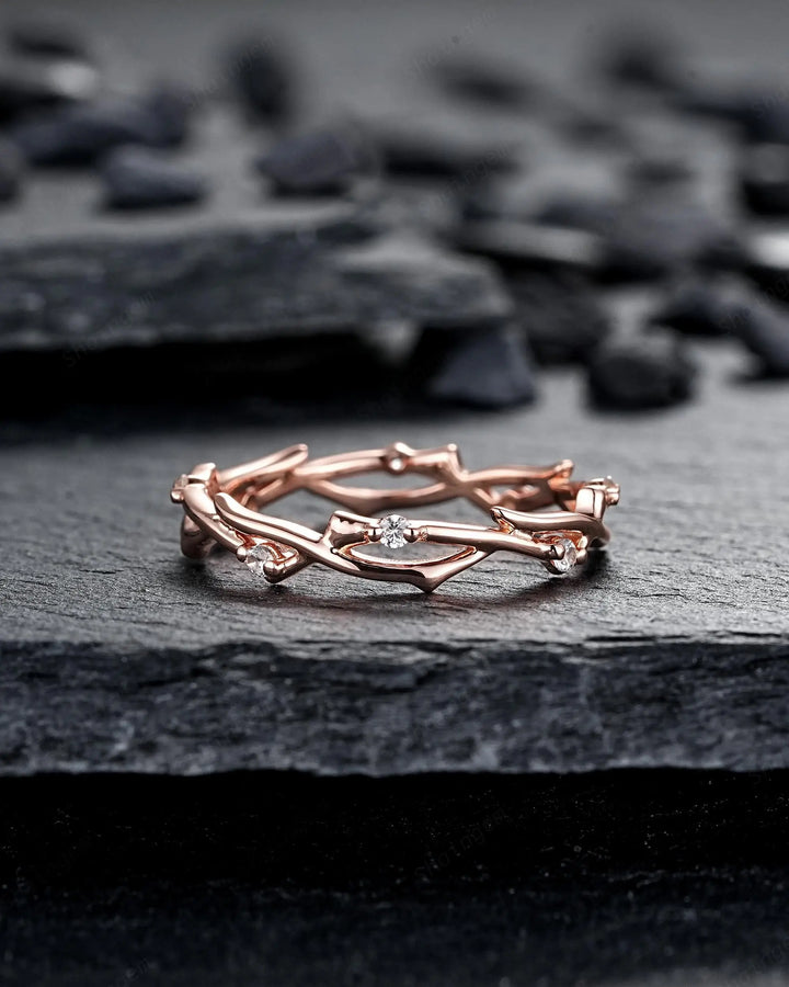 His and Hers Diamond Couple Set, 14K 18K Rose Gold Matching Band, Silver Promise Ring, Men and Women Engraved Twig Branch Engagement Bands - ShainJewelry
