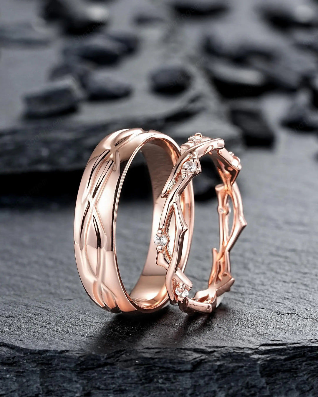 His and Hers Diamond Couple Set, 14K 18K Rose Gold Matching Band, Silver Promise Ring, Men and Women Engraved Twig Branch Engagement Bands - ShainJewelry