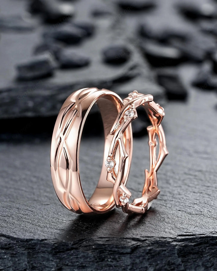 His and Hers Diamond Couple Set, 14K 18K Rose Gold Matching Band, Silver Promise Ring, Men and Women Engraved Twig Branch Engagement Bands - ShainJewelry