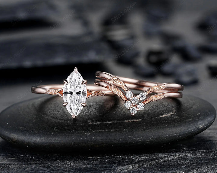 3PCS Marquise Cut Moissanite Solitaire Engagement Ring: Nature Inspired Wedding Set Rose Gold Promise Ring, Engraved Leaf Silver, Platinum - ShainJewelry