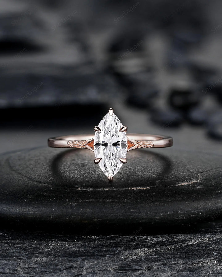 3PCS Marquise Cut Moissanite Solitaire Engagement Ring: Nature Inspired Wedding Set Rose Gold Promise Ring, Engraved Leaf Silver, Platinum - ShainJewelry
