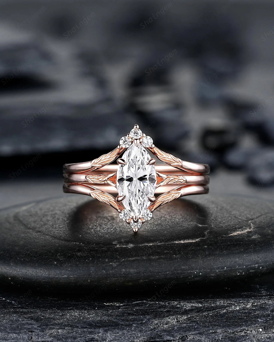 3PCS Marquise Cut Moissanite Solitaire Engagement Ring: Nature Inspired Wedding Set Rose Gold Promise Ring, Engraved Leaf Silver, Platinum - ShainJewelry