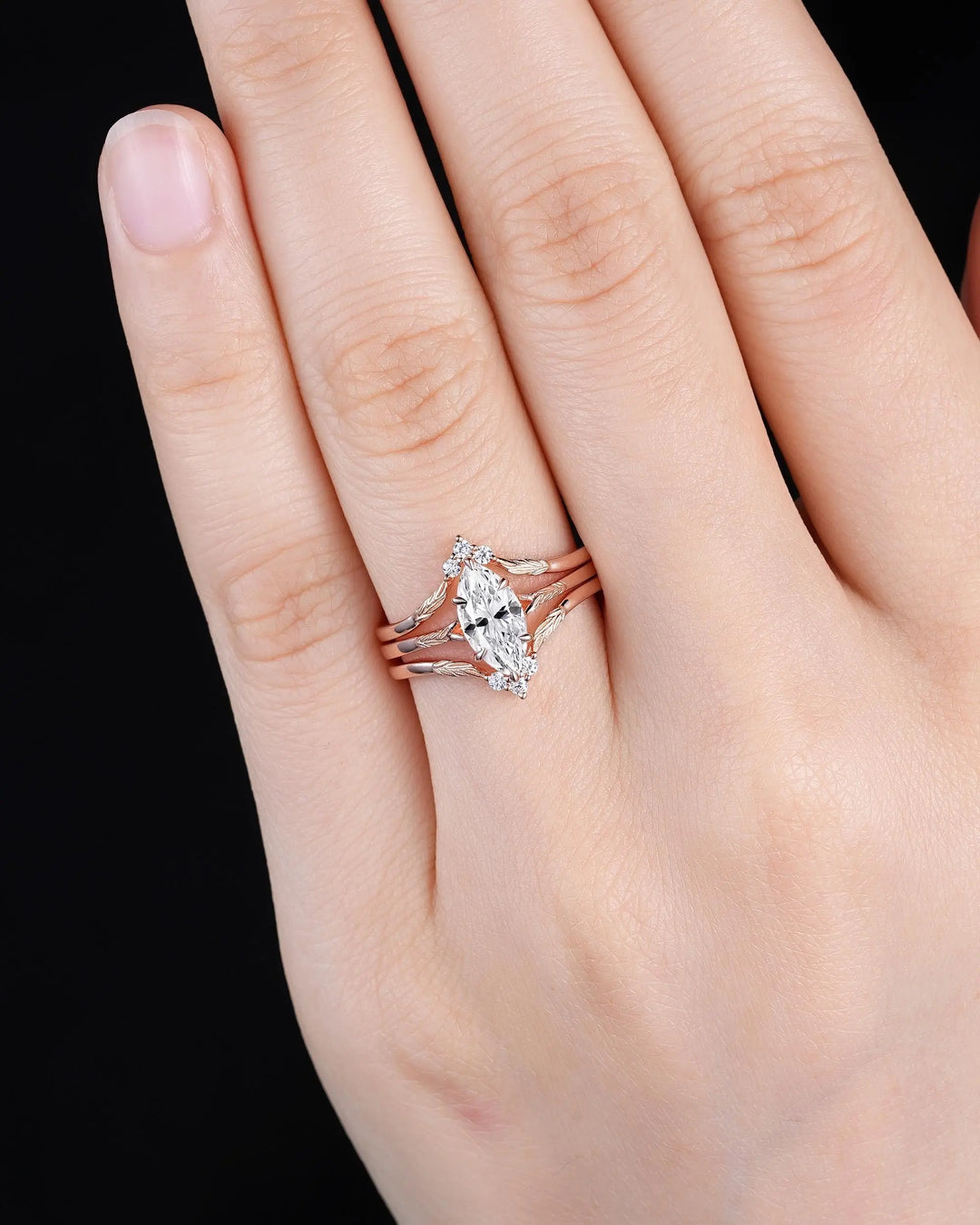 3PCS Marquise Cut Moissanite Solitaire Engagement Ring: Nature Inspired Wedding Set Rose Gold Promise Ring, Engraved Leaf Silver, Platinum - ShainJewelry
