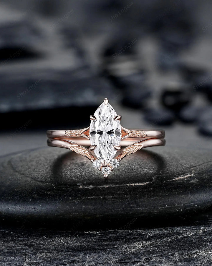 3PCS Marquise Cut Moissanite Solitaire Engagement Ring: Nature Inspired Wedding Set Rose Gold Promise Ring, Engraved Leaf Silver, Platinum - ShainJewelry