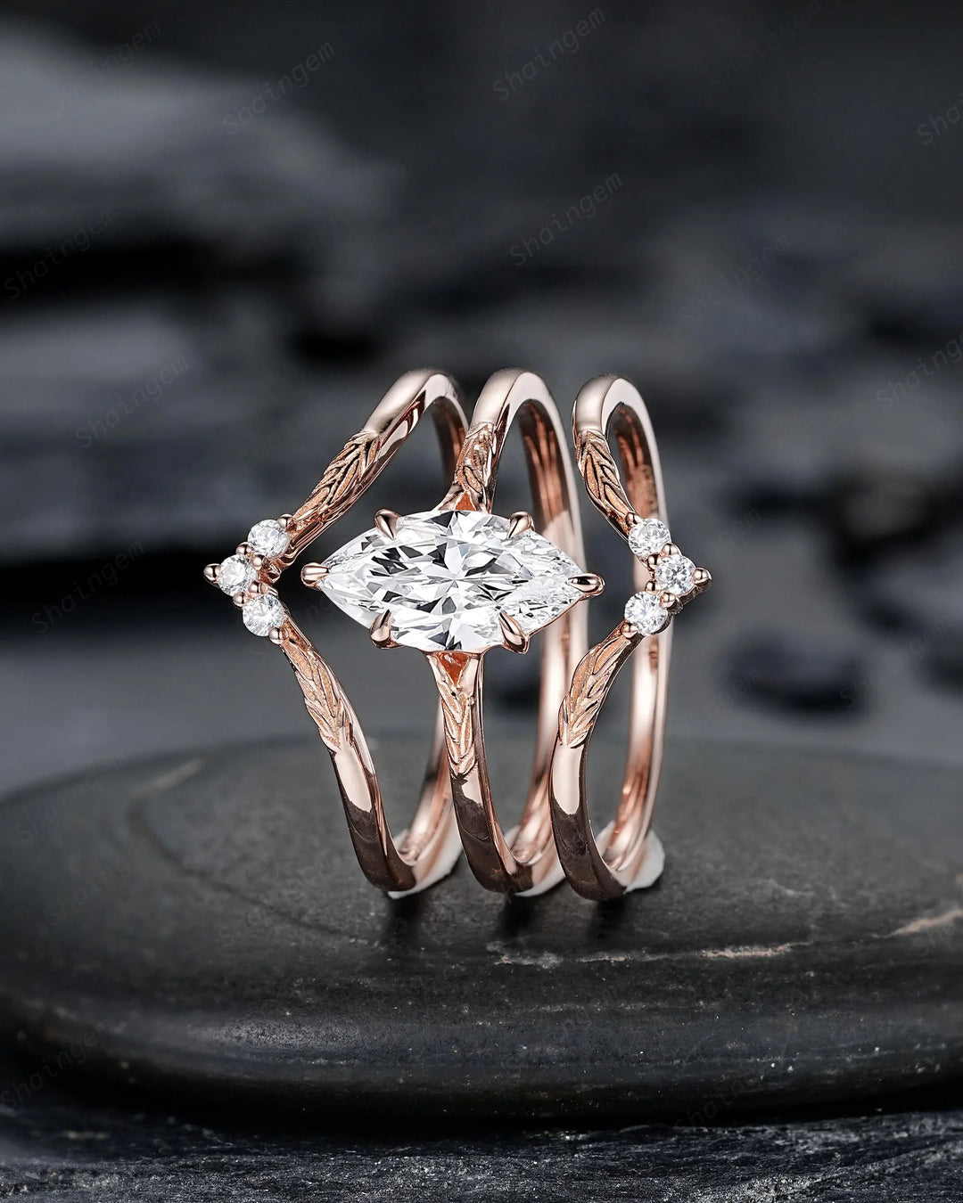3PCS Marquise Cut Moissanite Solitaire Engagement Ring: Nature Inspired Wedding Set Rose Gold Promise Ring, Engraved Leaf Silver, Platinum - ShainJewelry