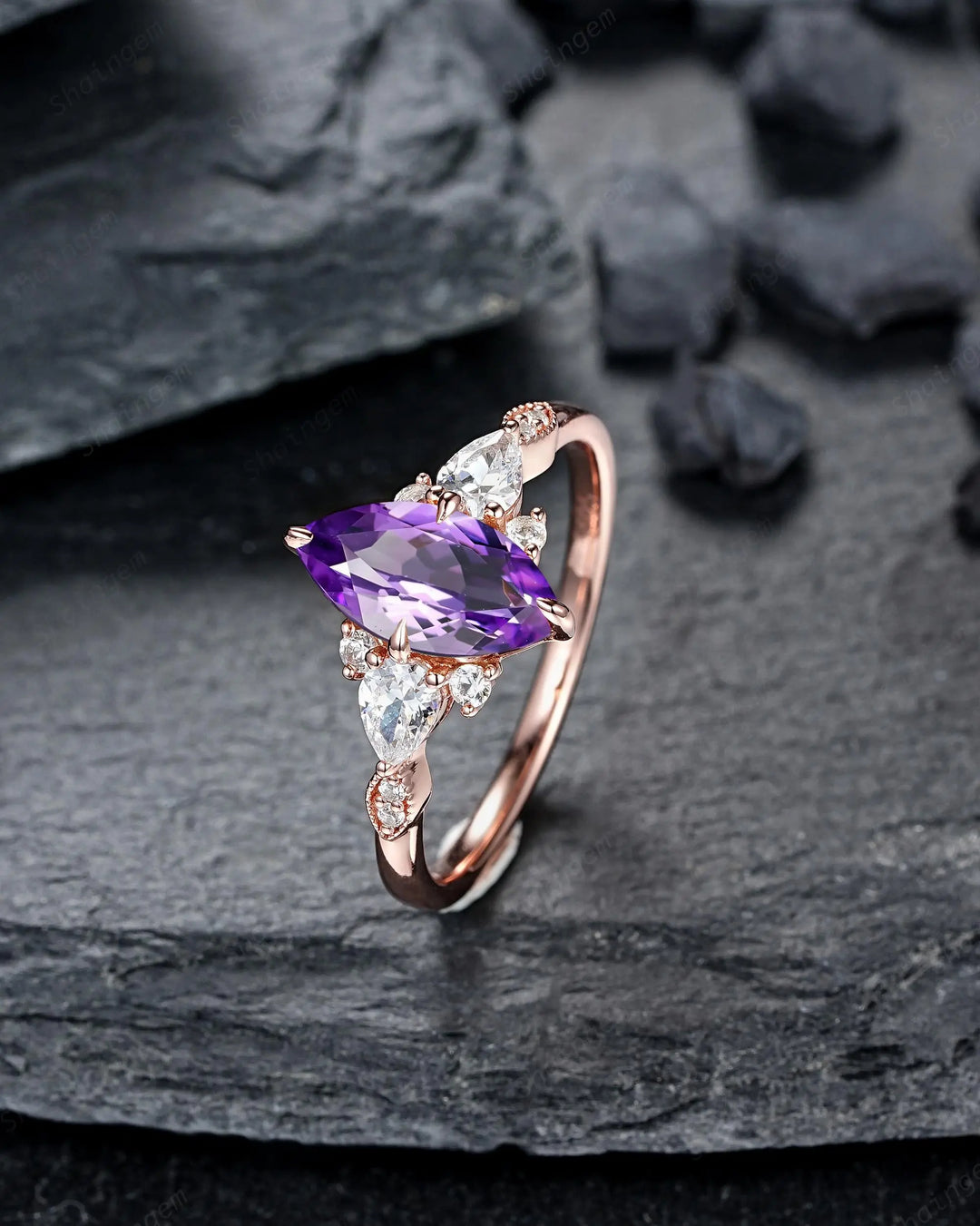 Marquise Cut Purple Amethyst Engagement Ring, Rose Gold Cluster Wedding, Silver 925 Promise 24K Gold Plated, Platinum February Birthstone - ShainJewelry