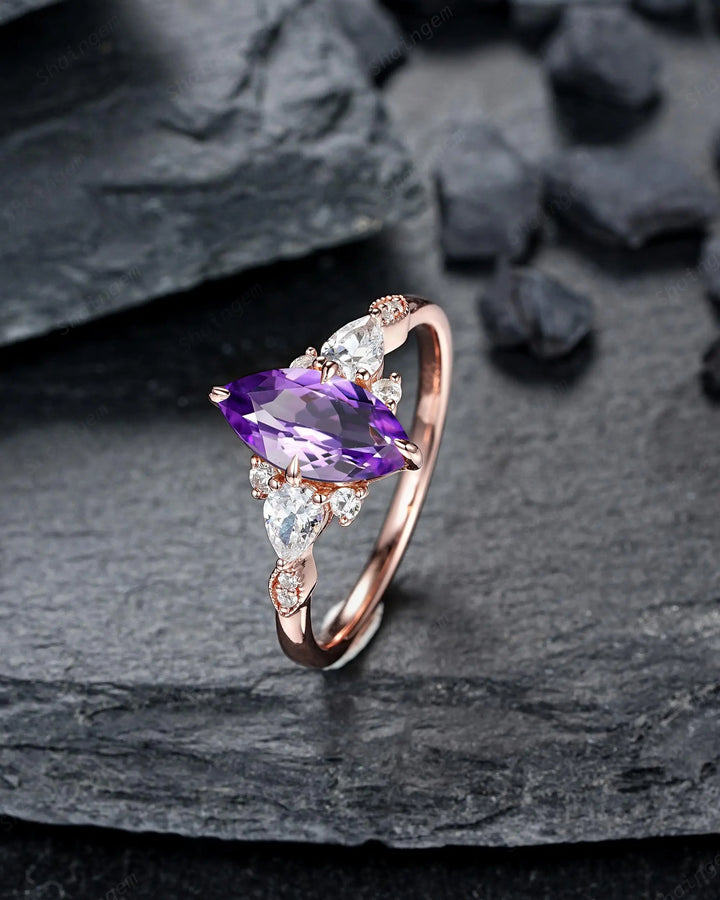 Marquise Cut Purple Amethyst Engagement Ring, Rose Gold Cluster Wedding, Silver 925 Promise 24K Gold Plated, Platinum February Birthstone - ShainJewelry
