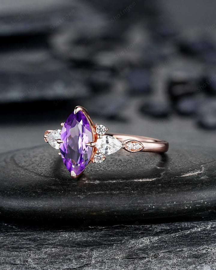 Marquise Cut Purple Amethyst Engagement Ring, Rose Gold Cluster Wedding, Silver 925 Promise 24K Gold Plated, Platinum February Birthstone - ShainJewelry